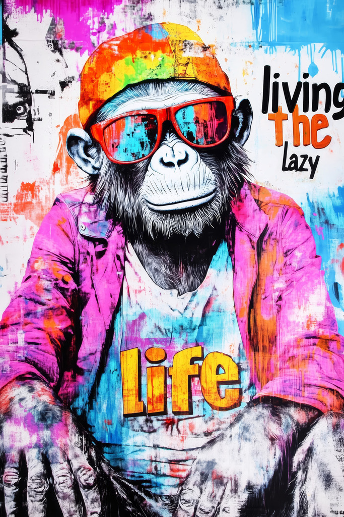 2603004 - Living the lazy Life | Dieses Werk ist eine Explosion aus Farbe und urbaner Lässigkeit. Ein Schimpanse mit Sonnenbrille und Basecap wird hier zum Symbol für maximale Entspannung im Großstadtdschungel.