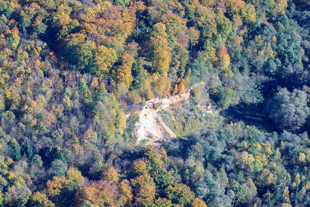 Luftbild: Sandgrube im Wald im Ortsteil Ingenheim in Billigheim-Ingenheim im Bundesland Rheinland-Pfalz in Deutschland. Foto: IMG_34836.jpg vom 26.10.2010 durch Werner Riehm/FLY-FOTO.de