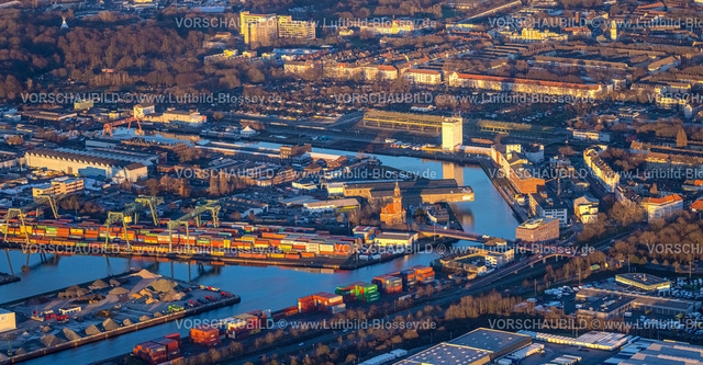 Dortmund230202856 | Luftbild, Hafen Dortmund im Abendlicht, Hafen, Dortmund, Ruhrgebiet, Nordrhein-Westfalen, Deutschland
