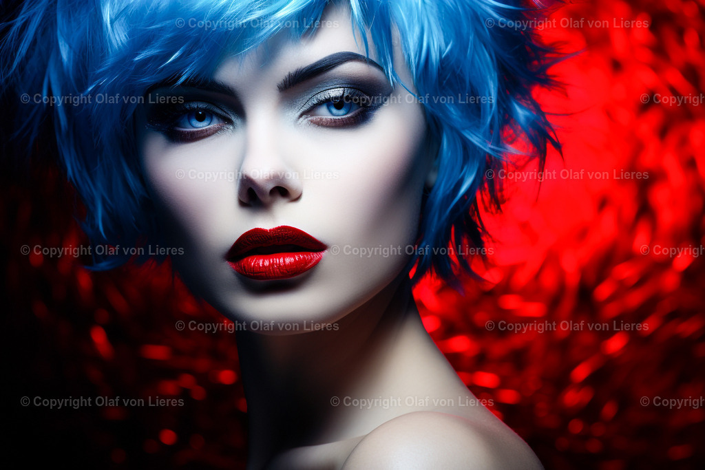 blau rotes Portrait einer Frau | Frauengesicht mit blauen Haaren auf rotem Hintergrund