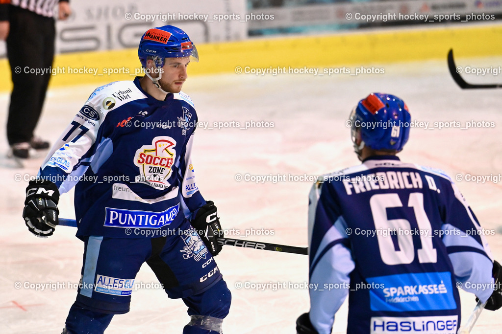 ESC Steindorf vs. EC Hornets Spittal 20.2.2024 | #77 Wuntschek Manuel ESC Steindorf, #61 Friedrich Daniel ESC Steindorf, ESC Steindorf vs. EC Hornets Spittal 20.2.2024, ESC Steindorf vs. EC Hornets Spittal 20.2.2024 am 20.02.2024 in Steindorf (Ossiachersee Halle), Austria, (Photo by Bernd Stefan)