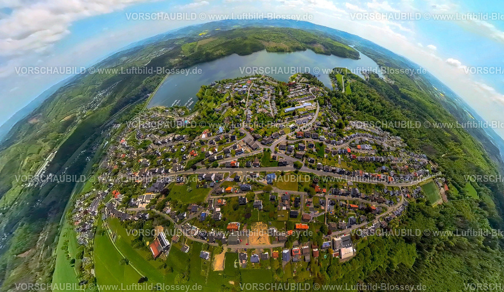 Sundern230520036Langscheid | Luftbild, Ortsansicht Langscheid mit Sorpesee Talsperre und Sorpedamm, Erdkugel, Fisheye Aufnahme, Fischaugen Aufnahme, 360 Grad Aufnahme, Langscheid, Sundern, Ruhrgebiet, Nordrhein-Westfalen, Deutschland