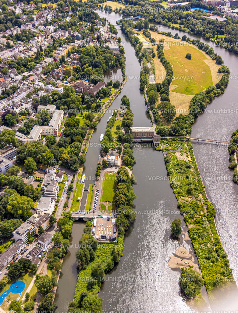Muelheim240703096 | Luftbild, Fluss Ruhr und Ruhrinsel, Schleuseninsel mit dem Wasserbahnhof Restaurant, Franziskushaus Seniorenheim, Alte Troostsche Weberei, Textilfabrik J. Caspar Troost, Altstadt I - Südwest, Mülheim an der Ruhr, Ruhrgebiet, Nordrhein-Westfalen, Deutschland