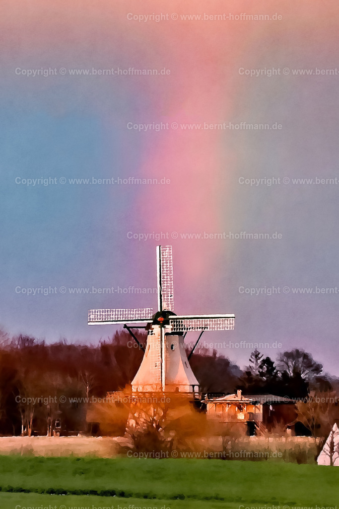 PDM2_0006_Muehle-Unewatt_Regenbogen_80x120 | DIGITALKUNST. Mühle unterm Regenbogen. __ Die Galerie- Holländer- Mühle " FORTUNA " im Museumsdorf Unewatt in der Landschaft Angeln. Schauerwetter am frühen Abend eines Tages im Spätherbst brachte einen " Roten Regenbogen " hervor. Roter Regenbogen mist der Fachbegriff für dieses Lichtphänomen. - Realisiert mit Pictrs.com