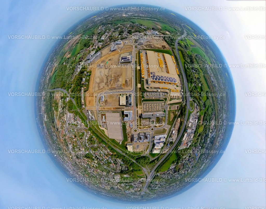 Bochum240490016OPEL_Mark51 7 | Luftbild, Großbaustelle Mark 51/7, O-Werk Campus und Neubau Wissenschafts- und Technologiequartier, ehemaliges Opel Areal an der Autobahn A448, Erdkugel, Fisheye Aufnahme, Fischaugen Aufnahme, 360 Grad Aufnahme, tiny world, little planet, fisheye Bild, Laer, Bochum, Ruhrgebiet, Nordrhein-Westfalen, Deutschland