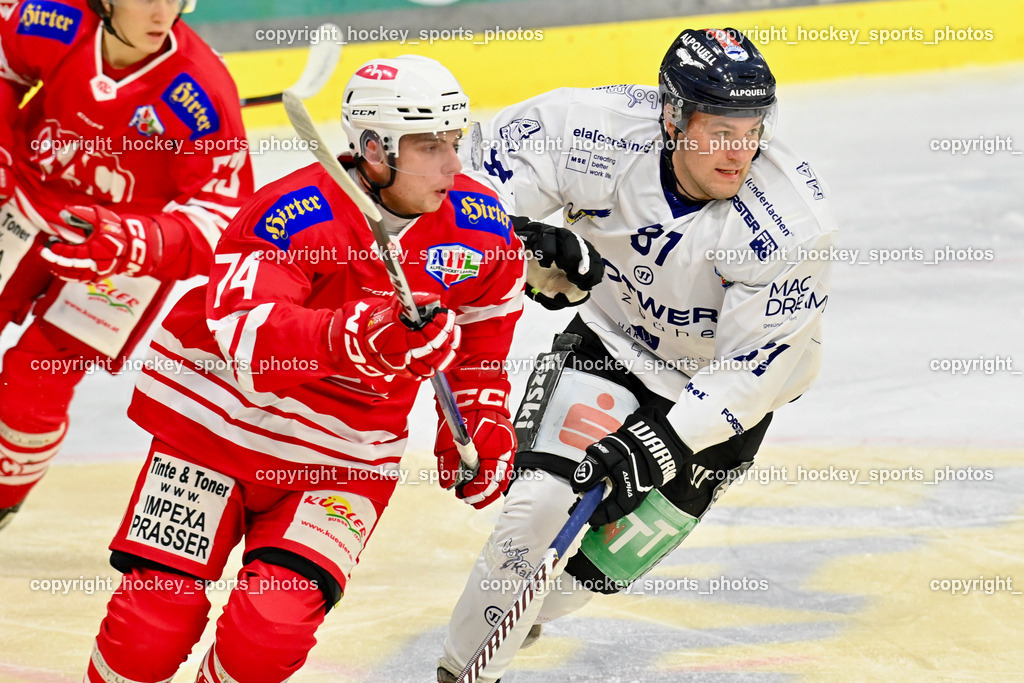 EC KAC Future Team vs. Die Adler Kitzbühl 7.10.2023 | #74 Klassek Stefan EC KAC FUTURE TEAM, #81 Schröder Wilhelm EC Kitzbühel, EC KAC Future Team vs. Die Adler Kitzbühl 7.10.2023, EC KAC Future Team vs. Die Adler Kitzbühl am 07.10.2023 in Klagenfurt (Messehalle Klagenfurt), Austria, (Photo by Bernd Stefan)