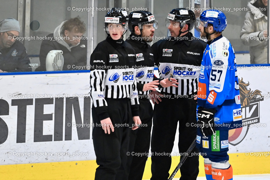 ESC Sparkasse Steindorf vs. ESV Ferlach | Holzer Daniel Referee, WIDMANN Florian Referee, Holzer Daniel Referee, #57 Wilfan Franz ESC Steindorf, ESC Sparkasse Steindorf vs. ESV Ferlach, ESC Sparkasse Steindorf vs. ESV Ferlach am 22.02.2026 in Steindorf  (Ossiachersee Halle ), Austria, (Photo by Bernd Stefan)