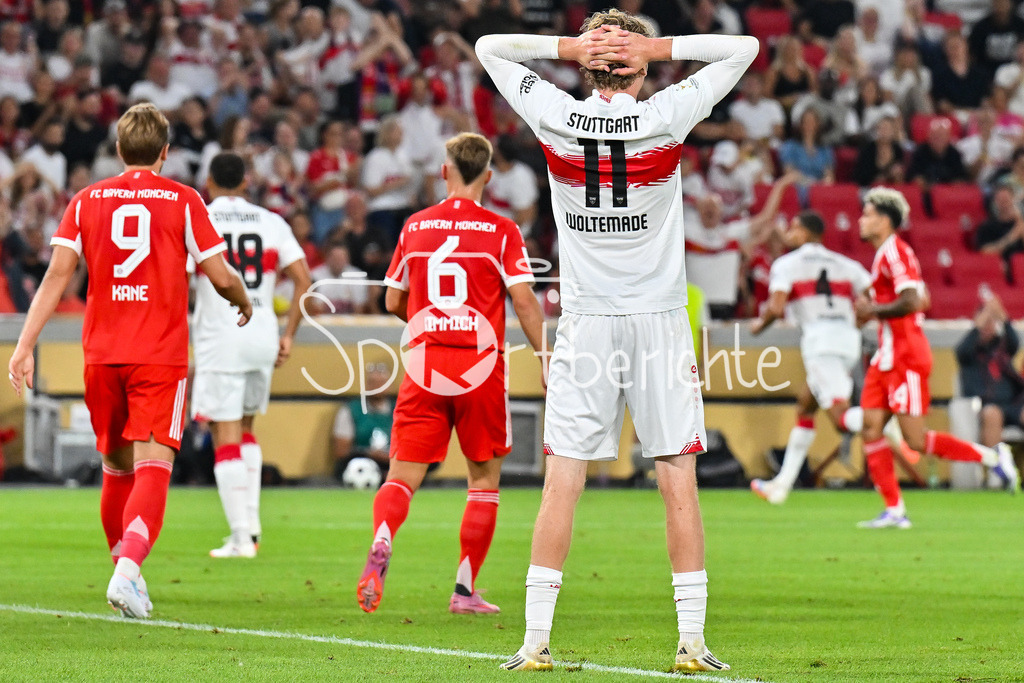 VfB Stuttgart - FC Bayern München | in dieser Szene ärgert sich Nick WOLTEMADE (VfB Stuttgart 11) über eine vergebene Chance / Franz-Beckenbauer Supercup: VfB Stuttgart - FC Bayern München; MHP Arena am 16.08.2025