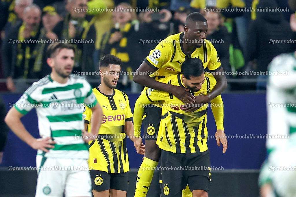 BVB01102401028 | 01.10.2024, Fußball, UEFA Champions League, Borussia Dortmund - Celtic Glasgow, 2. Spieltag, Signal Iduna Park, Saison 2024 2025: Torjubel nach dem 4:1 durch Serhou Guirassy (BVB #9) zusammen mit Emre Can (BVB #23)