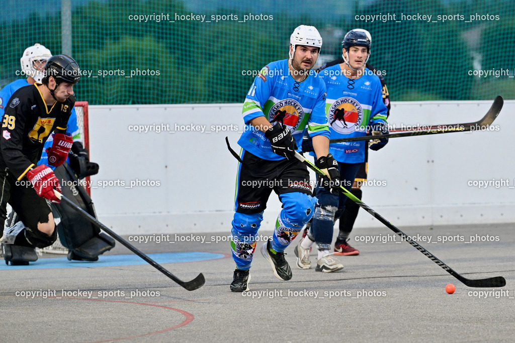 ASKÖ Hockey Villach vs. VAS Ballhockey  | #99 Alagic Adis VAS Villach, #11 HEU Marco ASKÖ Villach Hockey, #34 PRODINGER Dominik ASKÖ Villach Hockey, ASKÖ Hockey Villach vs. VAS Ballhockey , ASKÖ Hockey Villach vs. VAS Ballhockey  am 06.07.2025 in Villach (Alpen Arena ), Austria, (Photo by Bernd Stefan)