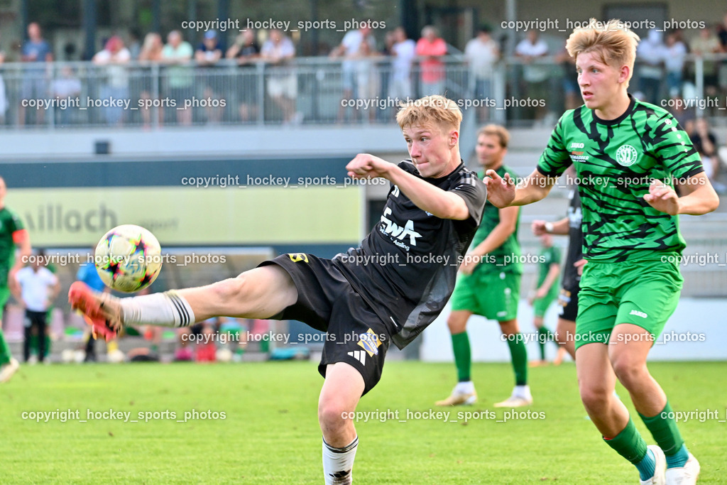 SC Landskron vs. Thal Assling  | #6 Rene Lukasser-Weitlaner Thal Assling, #23 Jonas Jakob Armin Steinwender SC Landskron, SC Landskron vs. Thal Assling , SC Landskron vs. Thal Assling  am 09.08.2024 in Villach (Sportanlage Landskron), Austria, (Photo by Bernd Stefan)