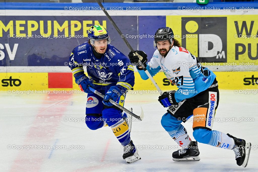EC IDM WÄRMEPUMPEN VSV vs. Steinbach Black Wings Linz | #16 Kevin Hancock EC VSV, #27 Shawn St-Amant Black Wings Linz, EC IDM WÄRMEPUMPEN VSV vs. Steinbach Black Wings Linz, EC IDM WÄRMEPUMPEN VSV vs. Steinbach Black Wings Linz am 28.11.2025 in Villach (Stadthalle Villach), Austria, (Photo by Bernd Stefan)