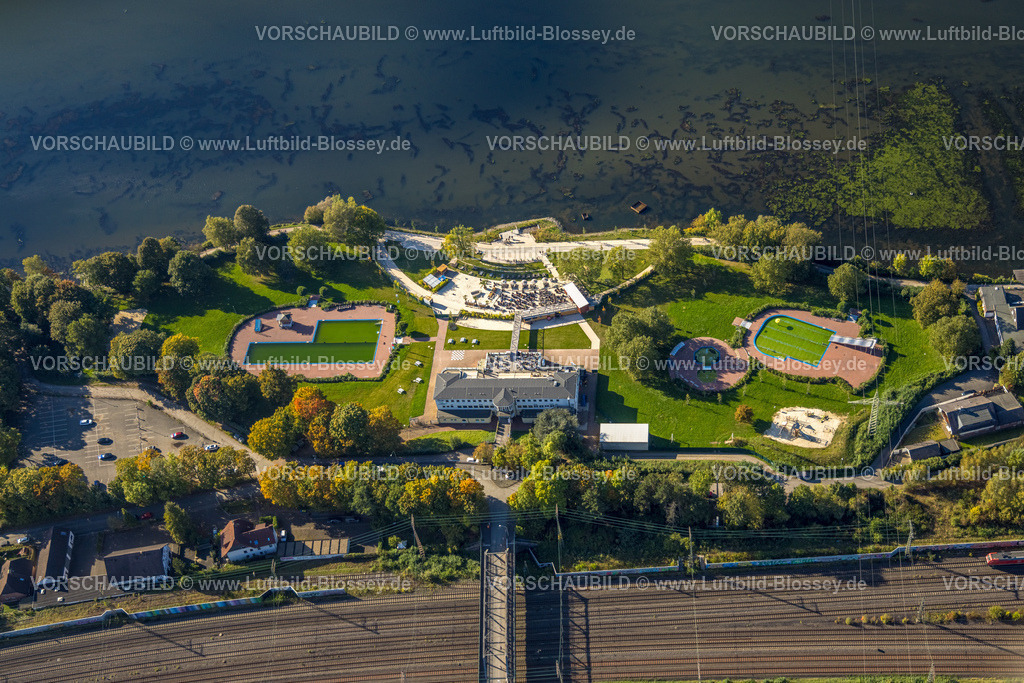 Hagen241005530 | Luftbild, Strandhaus Salitos Beach Hengsteysee mit Freibad Südufer, Bahngleise, Boele, Hagen, Ruhrgebiet, Nordrhein-Westfalen, Deutschland