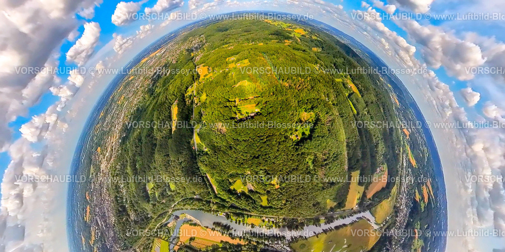 Witten230790042_Ardeywald | Luftbild, Ardeywald und Ardeygbirge, Fluss Ruhr, Erdkugel, Fisheye Aufnahme, Fischaugen Aufnahme, 360 Grad Aufnahme, tiny world, Annen, Witten, Ruhrgebiet, Nordrhein-Westfalen, Deutschland