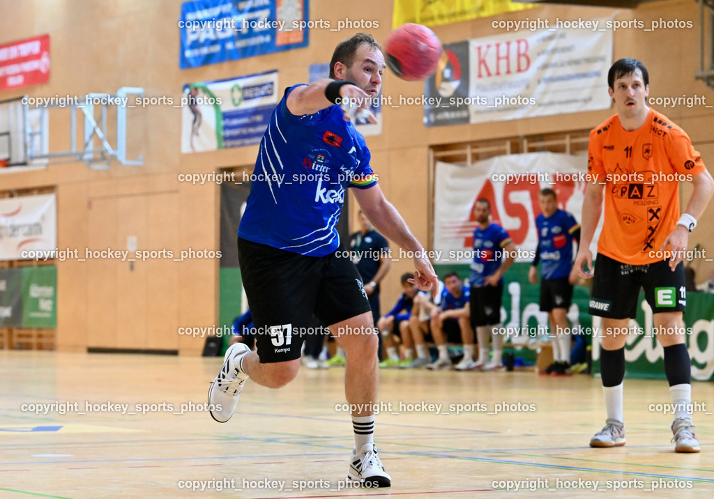 SC Ferlach vs. HSG Holding Graz 23.9.2023 | #57 LEBAN Patrik SC Ferlach, #11 ALBEK Joszef Holding Graz, SC Ferlach vs. HSG Holding Graz 23.9.2023, SC Ferlach vs. HSG Holding Graz am 23.09.2023 in Bleiburg (Ballspielhalle Ferlach), Austria, (Photo by Bernd Stefan)