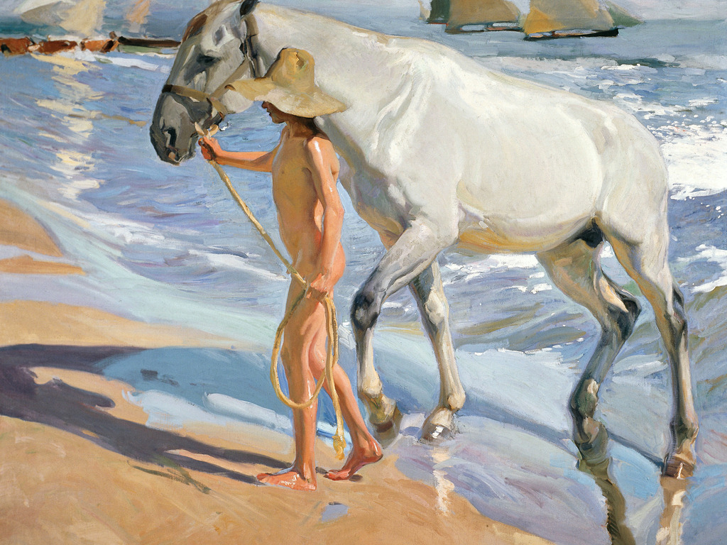 Joaquín Sorolla - Das Pferdebad | Moderne Wandbilder auf Leinwand, Acylglas, Alu-Dibond oder als Poster. Tauchen Sie ein in die Welt KI-generierter Kunstwerke - entdecken Sie hochwertige Kunstdrucke unserer Gemälde, Illustrationen und fotorealistischen Motive.