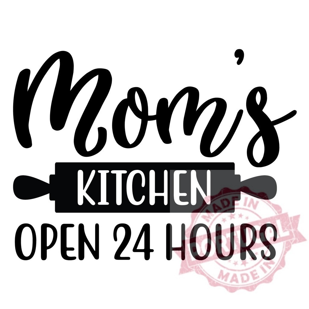 Mom's kitchen open 24 hours home decor sign | Typography design featuring Mom's Kitchen Open 24 Hours with a rolling pin - Realized with Pictrs.com