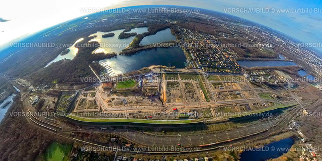 Duisburg2301fish0016WedauGEBAG | Luftbild, 6-Seen-Platte, Baustelle für geplantes Duisburger Wohnquartier am ehemaligen Rangierbahnhof Wedau, Fisheye Aufnahme, Fischaugen Aufnahme, 360 Grad Aufnahme, Wedau, Duisburg, Ruhrgebiet, Nordrhein-Westfalen, Deutschland