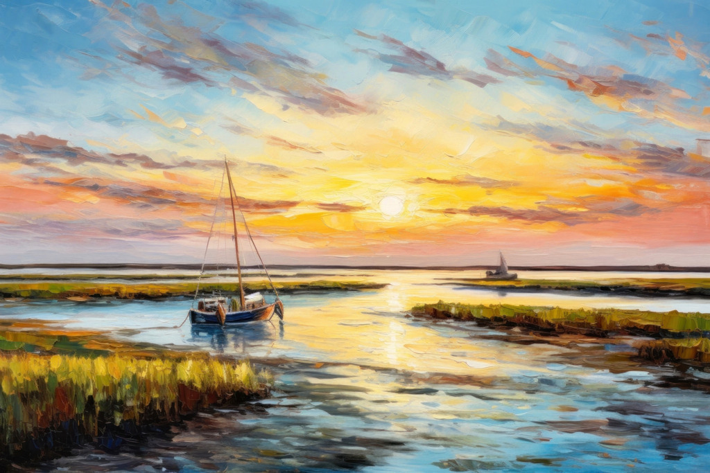 10240134 - Sonnenuntergang am Bodden | Wunderschönes Motiv einer Boddenlandschaft im Sonnenuntergang im Stil eines Gemäldes.