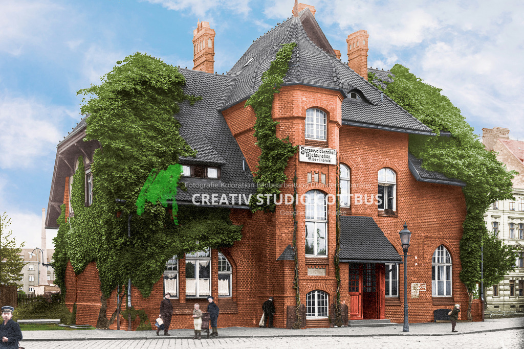 Spreewaldbahnhof in Cottbus um 1905 | Cottbuser Ansichten im neuen Gewand. Alte Fotos von schwarz-weiß in Farbe. - Realisiert mit Pictrs.com