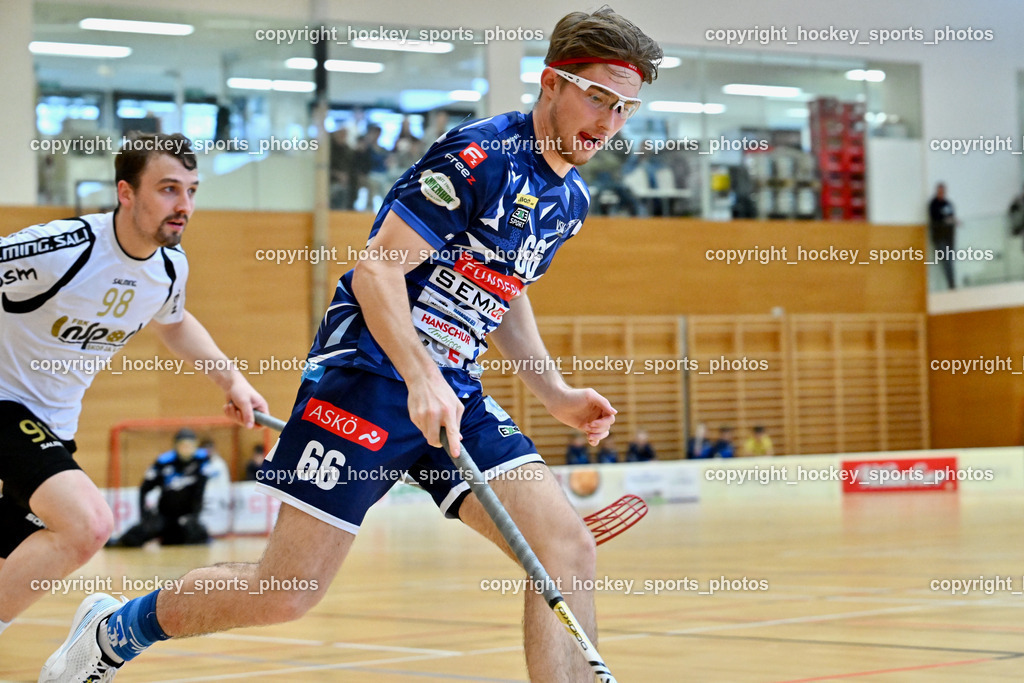 FBK Loka vs. VSV Unihockey | #66 Jakob Rainer VSV Unihockey, #98 Gasper Triler FBK Loka, FBK Loka vs. VSV Unihockey, FBK Loka vs. VSV Unihockey am 23.03.2025 in Villach (Ballspielhalle St. Martin), Austria, (Photo by Bernd Stefan)