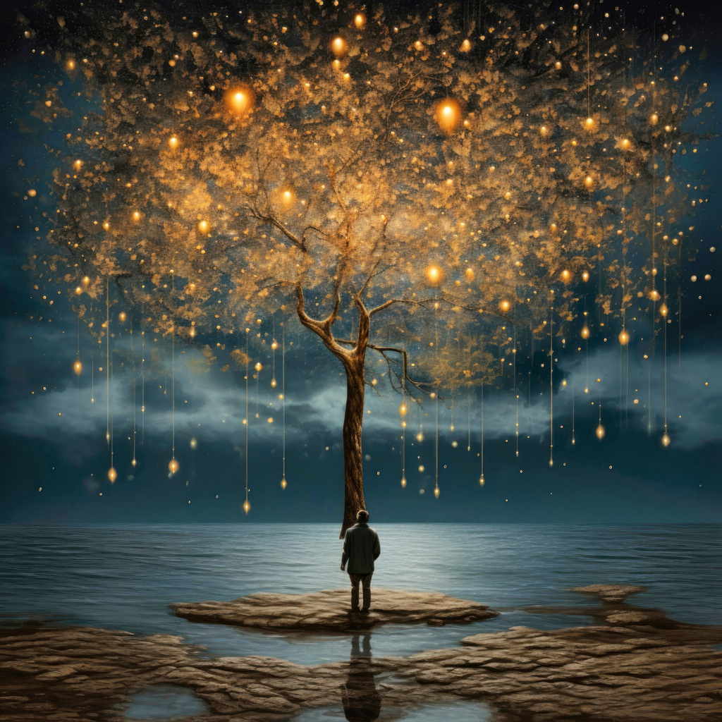 2311015 - Sternenregen | Fantasievolles Bild eines Menschen vor einem Baum im Sternenregen.