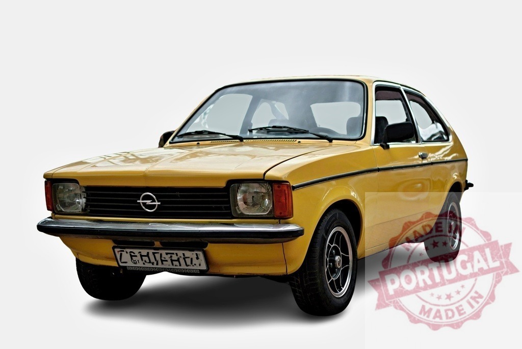 Yellow Opel Kadett C posing in studio with white background | Classic Opel Kadett C car from the 70s posing in a studio, showcasing its vintage charm against a white backdrop - Realized with Pictrs.com