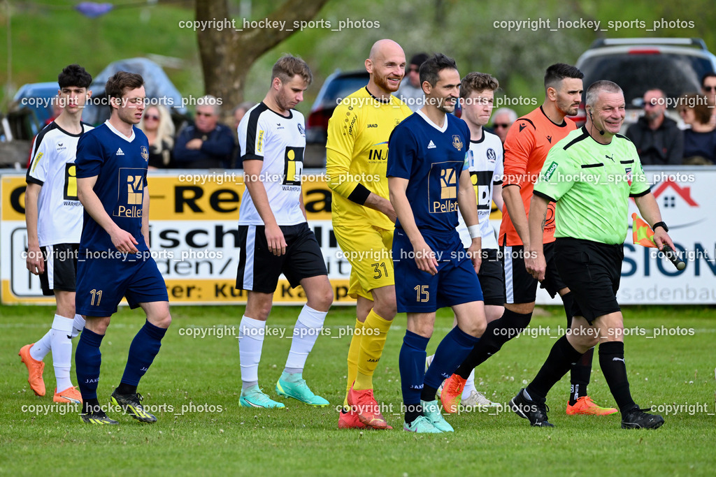 ATUS Velden vs. SV Spittal | #11 Marco Raunegger ATUS Velden, #15 Manuel Wallner ATUS Velden, #31 Alexander Kofler ATUS Velden, Heinz Dorfer Referee, #1 Marko Soldo SV Spittal, ATUS Velden vs. SV Spittal, ATUS Velden vs. SV Spittal am 27.04.2024 in St. Egyden (Sportplatz St. Egyden), Austria, (Photo by Bernd Stefan)
