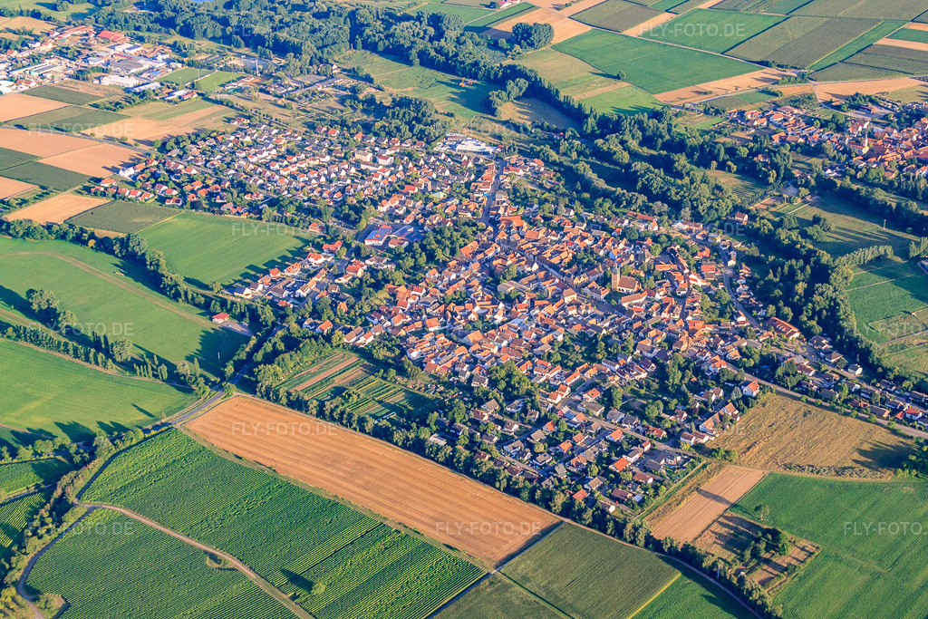 Luftbild: Ortsansicht von Nordwesten im Ortsteil Billigheim in Billigheim-Ingenheim im Bundesland Rheinland-Pfalz in Deutschland. Foto: IMG_51355.jpg vom 04.08.2012 durch Werner Riehm/FLY-FOTO.deAuflösung des Originals: 4752 x 3168 px