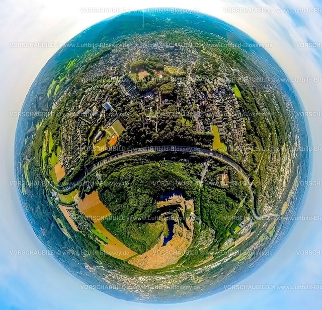 Hagen230990026 Ems A45 Hohenhof | Luftbild, Ortsansicht Ortsteil Emst, Autobahn A45 und Hohenhof Jugendstil-Villa des Osthaus-Museums, Steinbruch Donnerkuhle, Erdkugel, Fisheye Aufnahme, Fischaugen Aufnahme, 360 Grad Aufnahme, tiny world, Emst, Hagen, Ruhrgebiet, Nordrhein-Westfalen, Deutschland