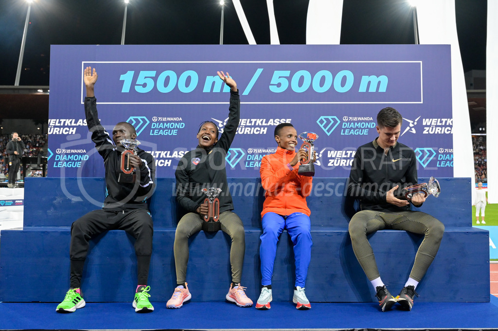 Leichtathletik: Weltklasse Zürich | 08.09.2022, Zürich, Letzigrund, Leichtathletik: Weltklasse Zürich, KIPKORIR Nicholas (KEN), KIPYEGON Faith (KEN), CHEBET Beatrice (KEN) und INGEBRIGTSEN Jakob (NOR). - Realisiert mit Pictrs.com