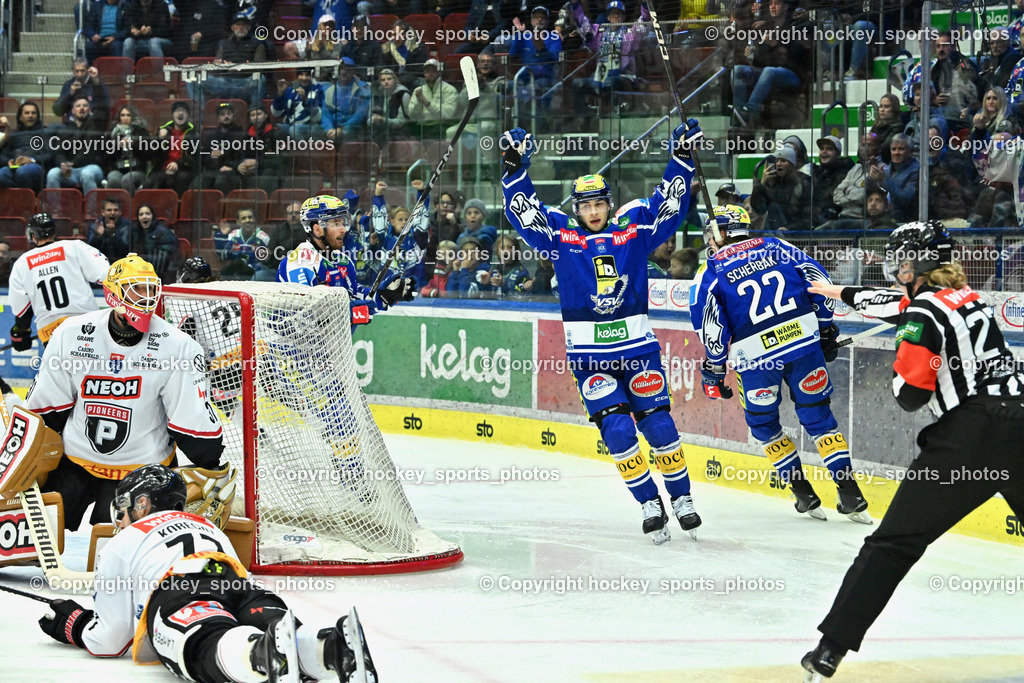 EC IDM Wärmepumpen VSV vs. Pioneers Vorarlberg | Jubel EC VSV, #40 Elias Wallenta EC VSV, #22 Nikita Scherbak EC VSV, #31 David Madlener Pioneers Vorarlberg,  EC IDM Wärmepumpen VSV vs. Pioneers Vorarlberg, EC IDM Wärmepumpen VSV vs. Pioneers Vorarlberg am 03.10.2025 in Villach (Stadthalle Villach), Austria, (Photo by Bernd Stefan)