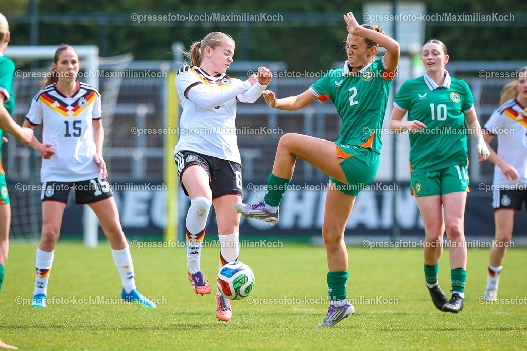 xKWIx10042601016 | 2026.04.10, xkwix, Fußball, UEFA Women's UNDER 19 Championship qualification, Republic of Ireland - Germany, Uhlenkrugstadion, Runde 2 1.Spieltag, Saison 2025 / 2026: Marie Gmeineder (Deutschland U19 Frauen #6) im Zweikampf gegen Sophia Leonard (Irland U19 Frauen #2) DFB regulations prohibit any use of photographs as image sequences and or quasi-video. Photo: xKamilxWilkowskixPressefotoKochx
