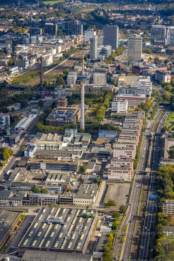 Essen241001363 | Luftbild, Gewerbegebiet an der Gewerbehofstraße mit Fernsehturm Essen Funkturm, ETEC Essener Technologie- und Entwicklungs-Centrum GmbH, Kruppstraße an der Autobahn A40,  Holsterhausen, Essen, Ruhrgebiet, Nordrhein-Westfalen, Deutschland