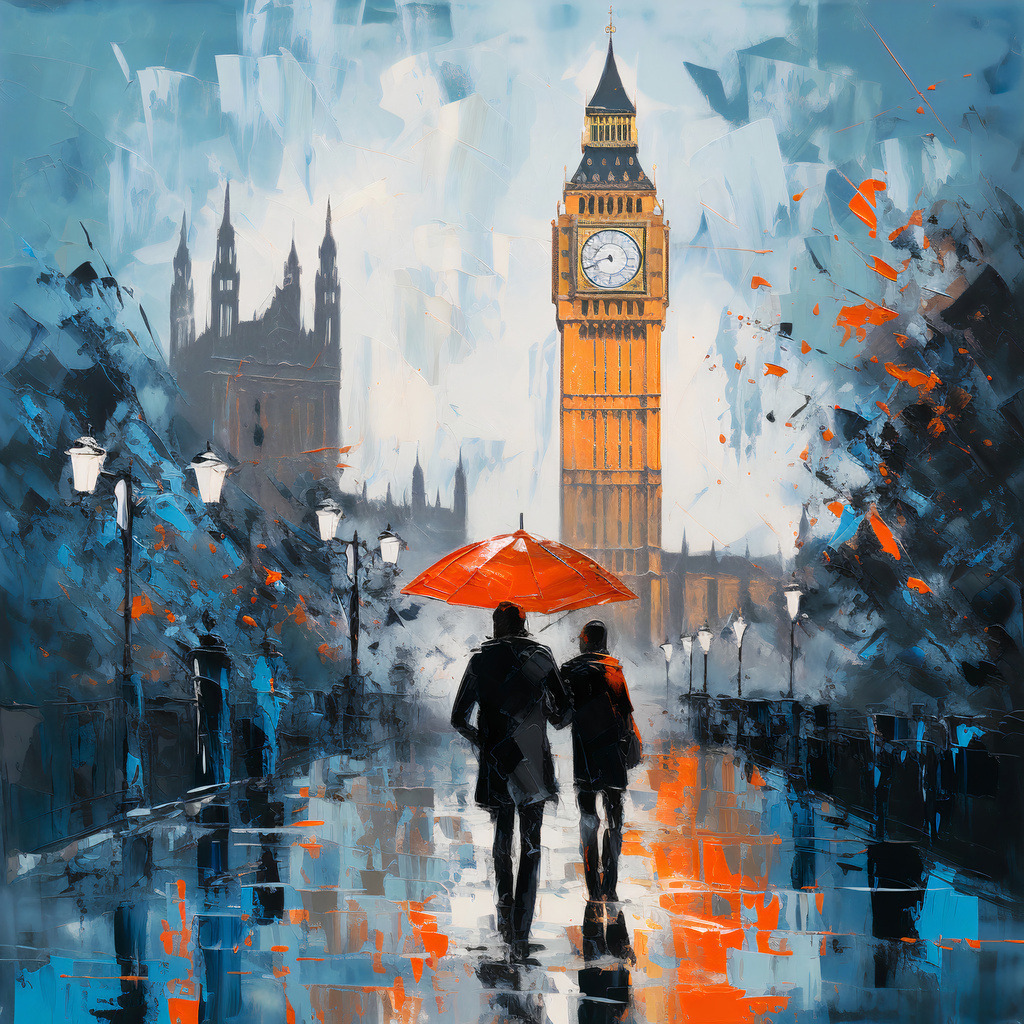 2307022 - Regnerisches London | Modernes abstrakes London-Wandbild mit Blick auf den Big Ben.