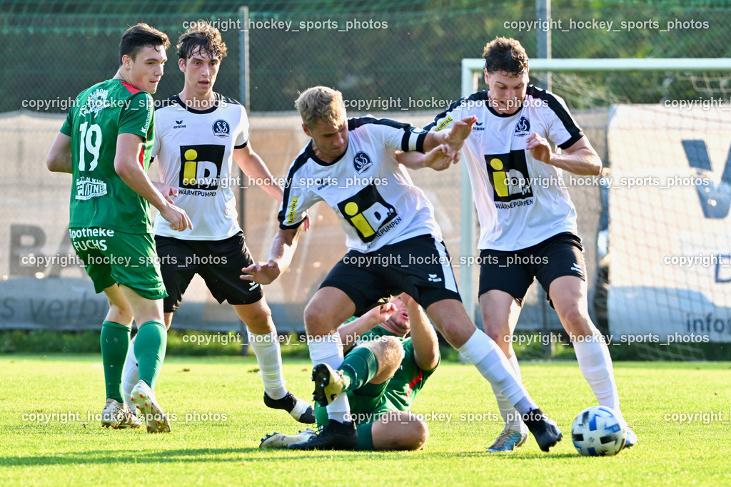 FC Gmünd vs. SV Spittal 1921 | #19 Nico Payer FC Gmünd, #9 Samuel Müllmann SV Spittal, #4 Thomas Walker SV Spittal, #3 Killian Brandner SV Spittal, FC Gmünd vs. SV Spittal 1921, FC Gmünd vs. SV Spittal 1921 am 27.08.2024 in Gmünd (Sportplatz Karnerau), Austria, (Photo by Bernd Stefan)