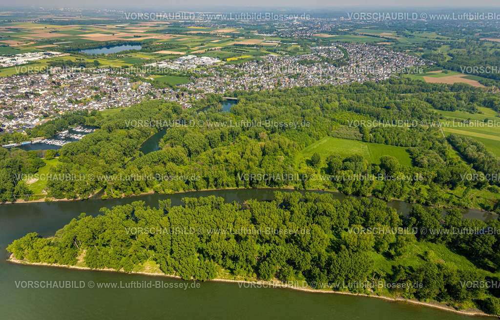 Bonn240501590Siegmuendung-Bearbeitet | Luftbild, Fluss Rhein und Fluss Sieg mit Siegmündung und Waldgebiet Siegaue, Diescholl Altarm der Sieg und Waldgebiet, Ortsansicht Mondorf und Bergheim, Schwarzrheindorf, Bonn, Nordrhein-Westfalen, Deutschland