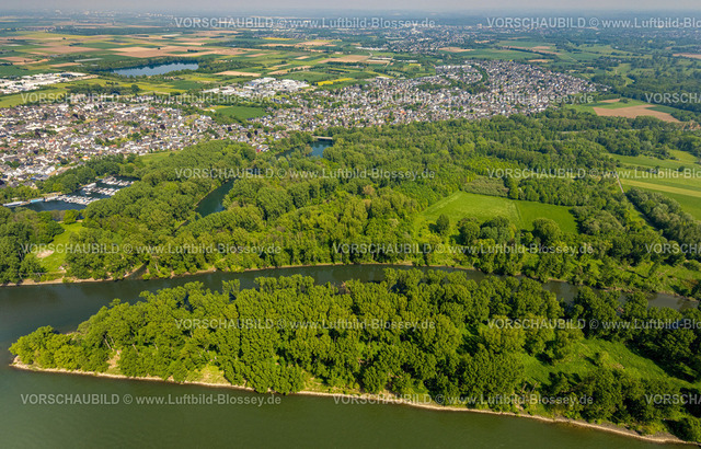 Bonn240501590Siegmuendung-Bearbeitet | Luftbild, Fluss Rhein und Fluss Sieg mit Siegmündung und Waldgebiet Siegaue, Diescholl Altarm der Sieg und Waldgebiet, Ortsansicht Mondorf und Bergheim, Schwarzrheindorf, Bonn, Nordrhein-Westfalen, Deutschland