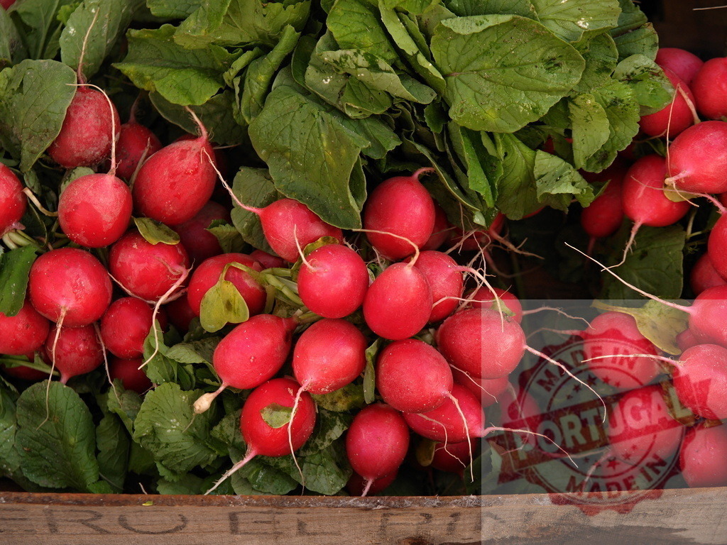 Fresh red radishes displaying roots and green leaves | Fresh red radishes with green leaves harvesting from a wooden crate - Realized with Pictrs.com
