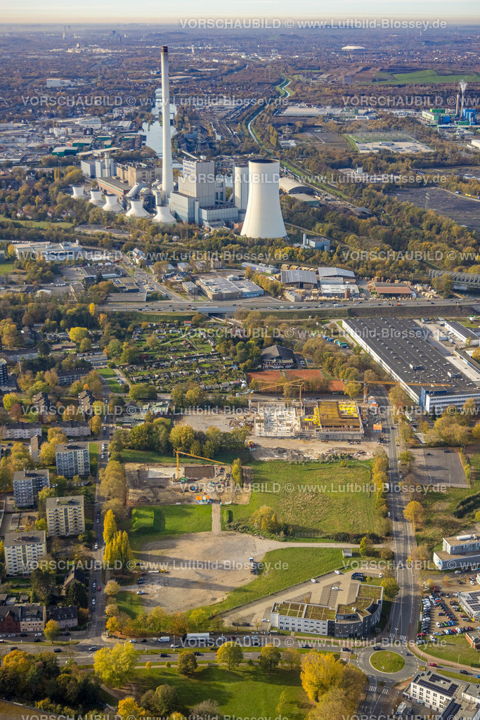 Herne221101375oestlich | Luftbild, Baustelle für Quartier Kaiserstraße, zwischen Forellstraße und Lackmanns Hof, ehem. Sportplatz Forellstraße, im Hintergrund STEAG Heizkraftwerk Herne, Baukau, Herne, Ruhrgebiet, Nordrhein-Westfalen, Deutschland