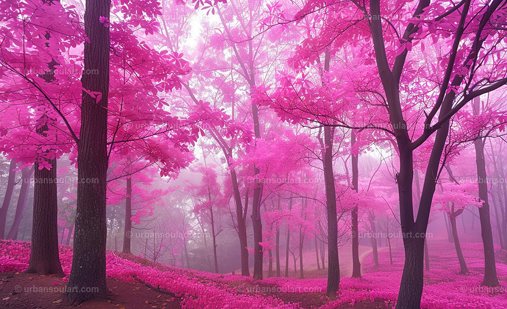 Forest With Trees With Pink Leaves | A mystical forest filled with pink foliage, this enchanting scene brings an ethereal feel to your space. Perfect for those who love unique, nature-inspired decor with a touch of fantasy. - Realisiert mit Pictrs.com