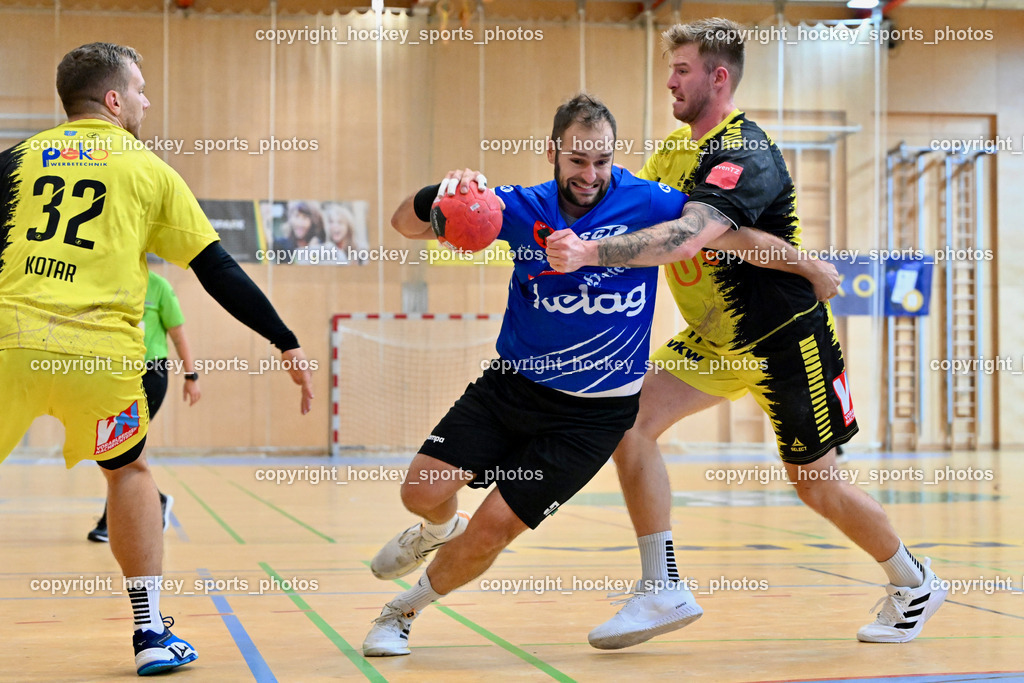 SC Ferlach vs. Bregenz Handball | #32 KOTAR Matic Bregenz Handball, #57 LEBAN Patrik SC Ferlach, #11 Brombeis Matthias Bregenz Handball, SC Ferlach vs. Bregenz Handball, SC Ferlach vs. Bregenz Handball am 28.09.2024 in Ferlach (Ballspielhalle Ferlach), Austria, (Photo by Bernd Stefan)