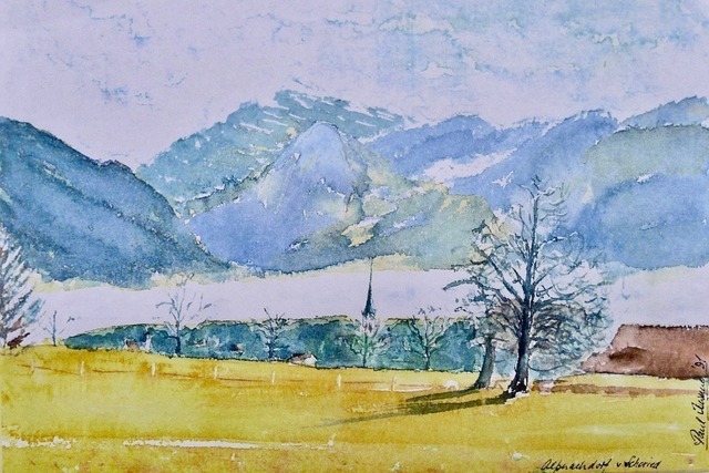 L1090629 | Sicht auf Alpnach Dorf und Berge, View from Alpnach Dorf, watercolours by Paul Townend - Dansky - Realisiert mit Pictrs.com