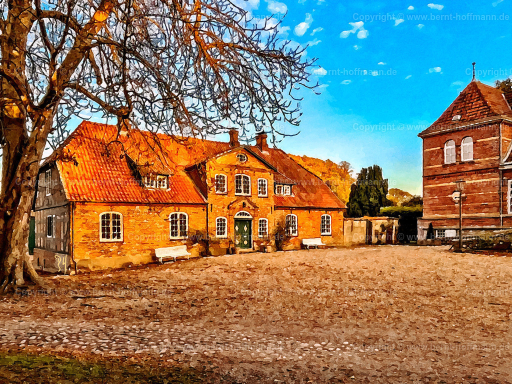 PDM2_Gut-Oehe_01_80x60_sig | Digitale Malerei. Hofplatz am Gut Oehe im Osten der Landschaft ANGELN.  - Realisiert mit Pictrs.com