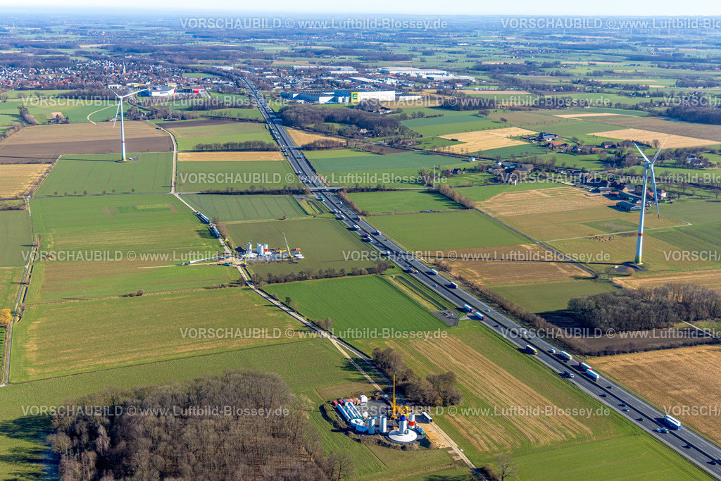 Hamm230204978 | Luftbild, Windräder Baustelle und Neubau an der Autobahn A2, Stadtbezirk Pelkum, Hamm, Ruhrgebiet, Nordrhein-Westfalen, Deutschland