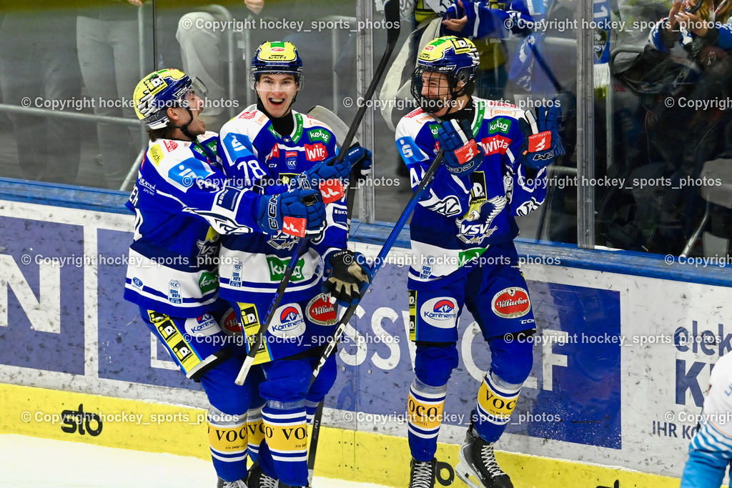 EC IDM Wärmepumpen VSV vs. Steinbach Black Wings Linz | Jubel EC VSV, #46 Paul Sintschnig EC VSV, #78 Felix Maxa EC VSV, #34 Dominik Prodinger EC VSV, EC IDM Wärmepumpen VSV vs. Steinbach Black Wings Linz, EC IDM Wärmepumpen VSV vs. Steinbach Black Wings Linz am 23.01.2026 in Villach (Stadthalle Villach), Austria, (Photo by Bernd Stefan)