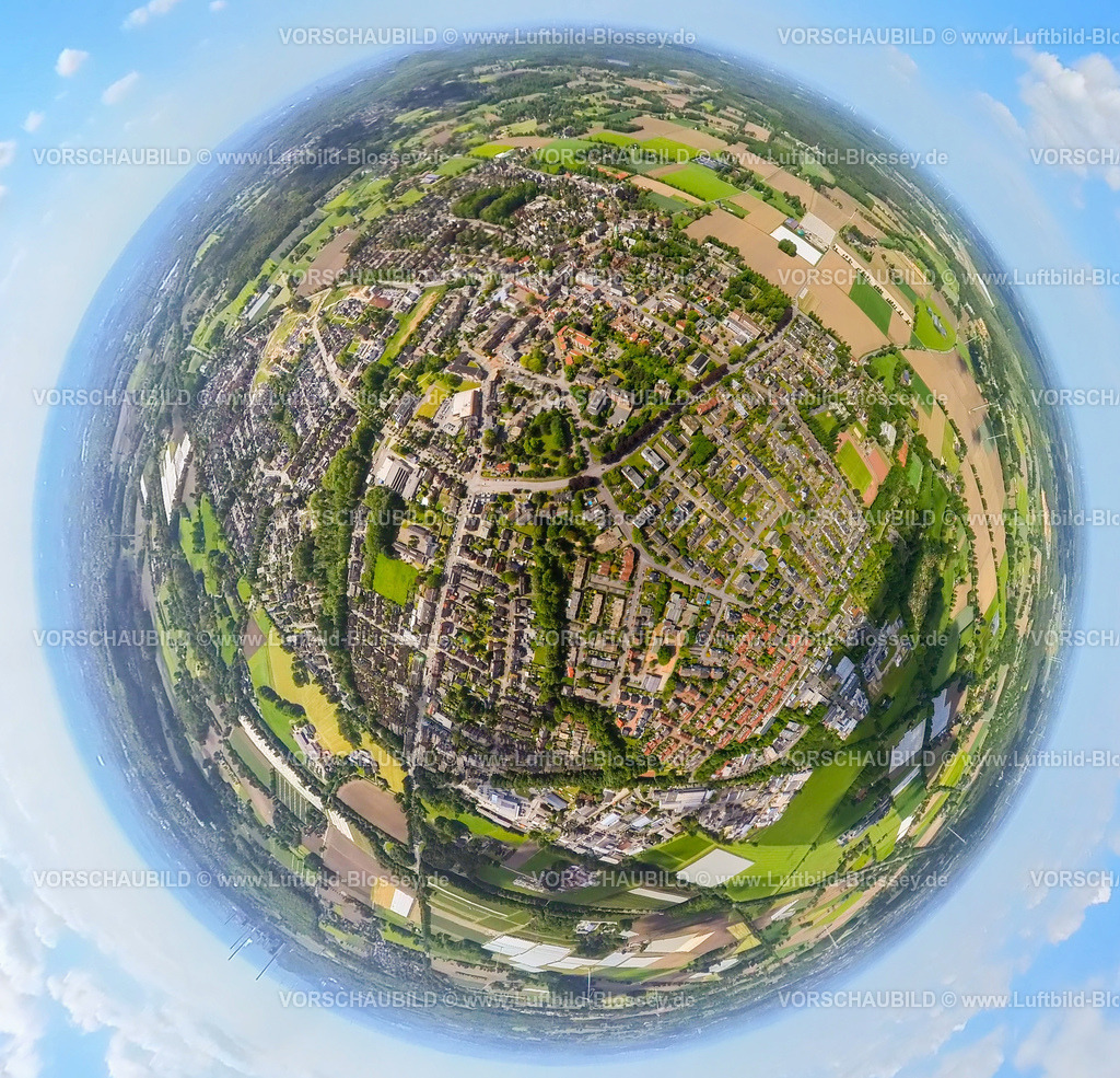 Bottrop230520081KirchhelleMitte | Luftbild, City Innenstadtansicht Süd, Rentforter Straße, Erdkugel, Fisheye Aufnahme, Fischaugen Aufnahme, 360 Grad Aufnahme, Kirchhellen, Bottrop, Ruhrgebiet, Nordrhein-Westfalen, Deutschland