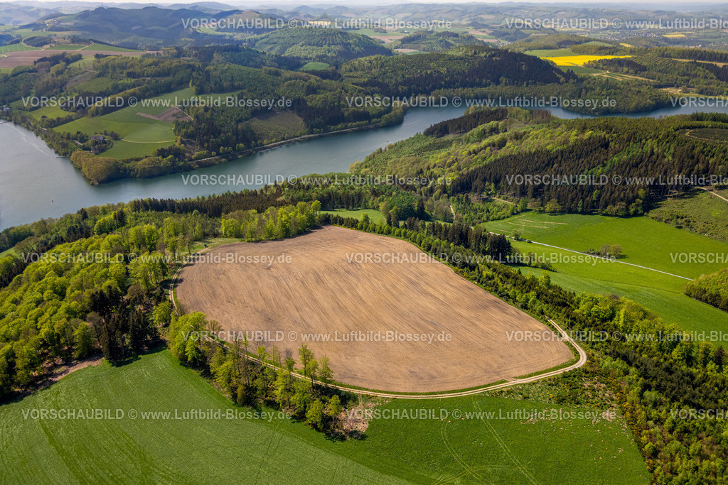 Meschede240505808 | Luftbild, Hennesee, Wiesen und Felder und waldreiche Naturlandschaft, Berghausen, Meschede, Sauerland, Nordrhein-Westfalen, Deutschland