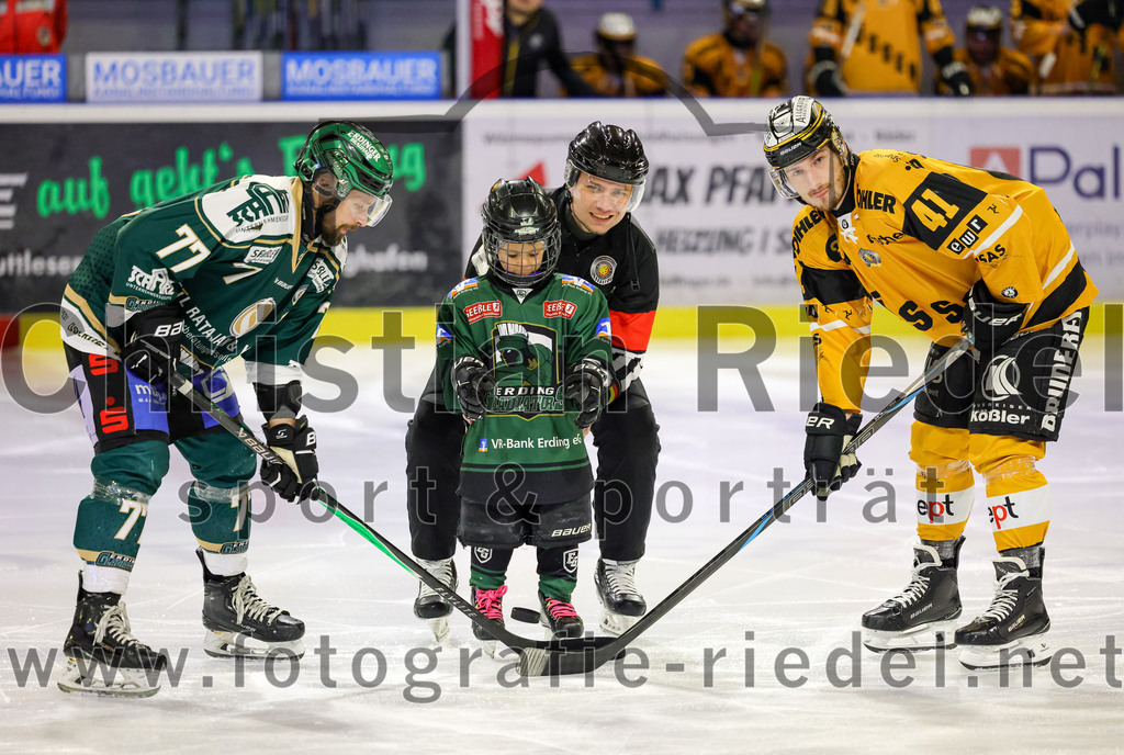 2026-02-27_042_TSV_Erding_gegen_EV_Fuessen | Erding, Deutschland, 27.02.2026:Eishockey, Oberliga Süd 2025 / 2026, 51. Spieltag, TSV Erding gegen EV Füssen, Endergebnis: 2:4Philipp Michl (Erding Gladiators, #77), Marek Slavik (EV Füssen, #41)Foto: Christian Riedel / fotografie-riedel.net