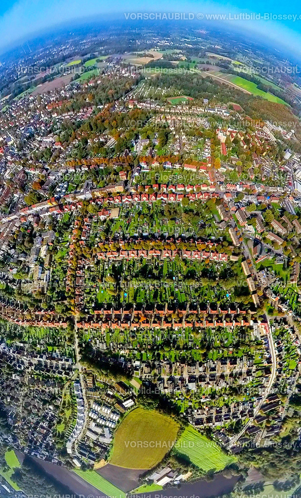 Luenen241190603BrambauerZechensiedlungKurtstrasse | Luftbild, Zechensiedlung Alte Kolonie Kurtstrasse, Erdkugel, Fisheye Aufnahme, Fischaugen Aufnahme, 360 Grad Aufnahme, tiny world, little planet, fisheye Bild, Brambauer, Lünen, Ruhrgebiet, Nordrhein-Westfalen, Deutschland